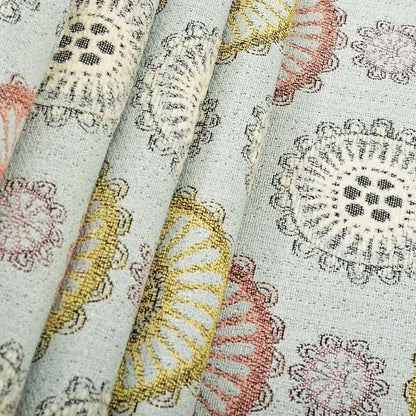 Light Blue Yellow Pink Coloured Round Medallion Inspired Design Soft Chenille Upholstery Fabric JO-227 - Roman Blinds