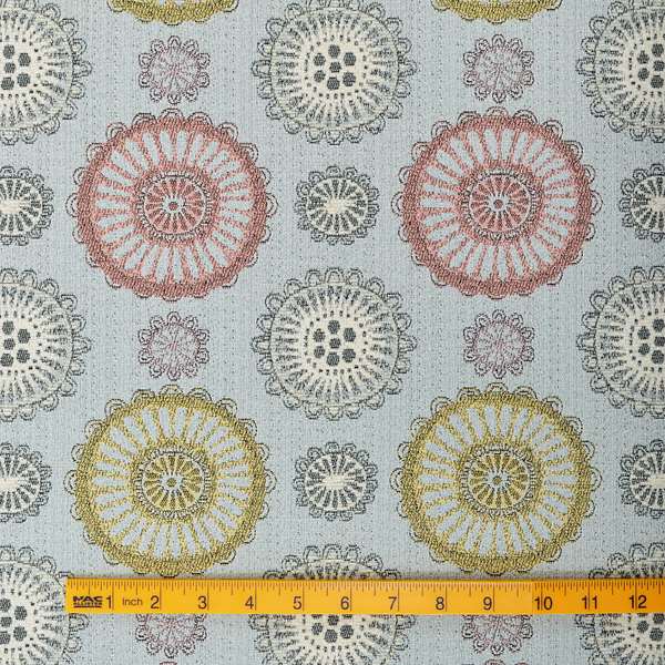 Light Blue Yellow Pink Coloured Round Medallion Inspired Design Soft Chenille Upholstery Fabric JO-227 - Roman Blinds