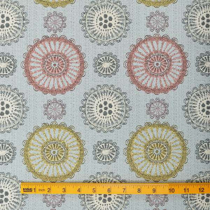 Light Blue Yellow Pink Coloured Round Medallion Inspired Design Soft Chenille Upholstery Fabric JO-227