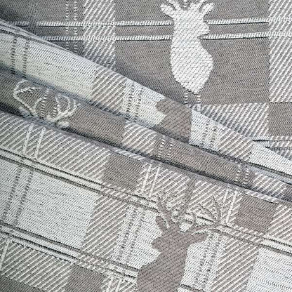 Highland Collection Luxury Soft Like Cotton Feel Stag Deer Head Animal Design On Checked Grey White Background Chenille Upholstery Fabric JO-234 - Roman Blinds