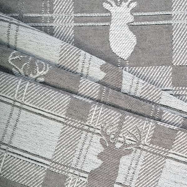 Highland Collection Luxury Soft Like Cotton Feel Stag Deer Head Animal Design On Checked Grey White Background Chenille Upholstery Fabric JO-234 - Made To Measure Curtains