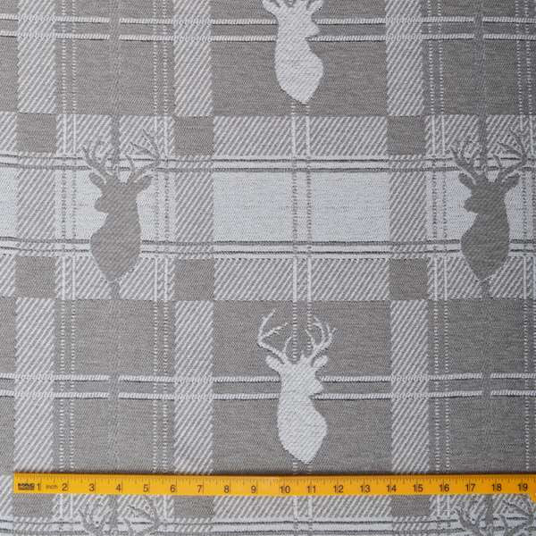 Highland Collection Luxury Soft Like Cotton Feel Stag Deer Head Animal Design On Checked Grey White Background Chenille Upholstery Fabric JO-234 - Made To Measure Curtains