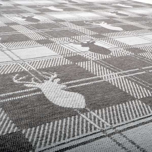 Highland Collection Luxury Soft Like Cotton Feel Stag Deer Head Animal Design On Checked Grey White Background Chenille Upholstery Fabric JO-234 - Made To Measure Curtains