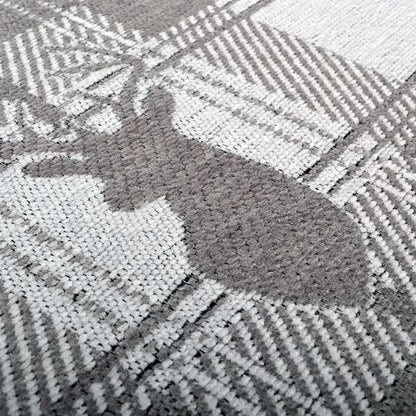 Highland Collection Luxury Soft Like Cotton Feel Stag Deer Head Animal Design On Checked Grey White Background Chenille Upholstery Fabric JO-234 - Made To Measure Curtains