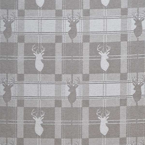 Highland Collection Luxury Soft Like Cotton Feel Stag Deer Head Animal Design On Checked Grey White Background Chenille Upholstery Fabric JO-234 - Roman Blinds