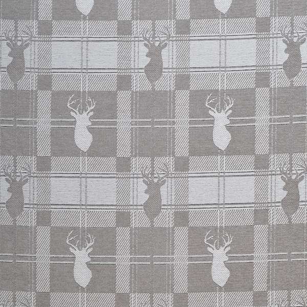 Highland Collection Luxury Soft Like Cotton Feel Stag Deer Head Animal Design On Checked Grey White Background Chenille Upholstery Fabric JO-234 - Made To Measure Curtains