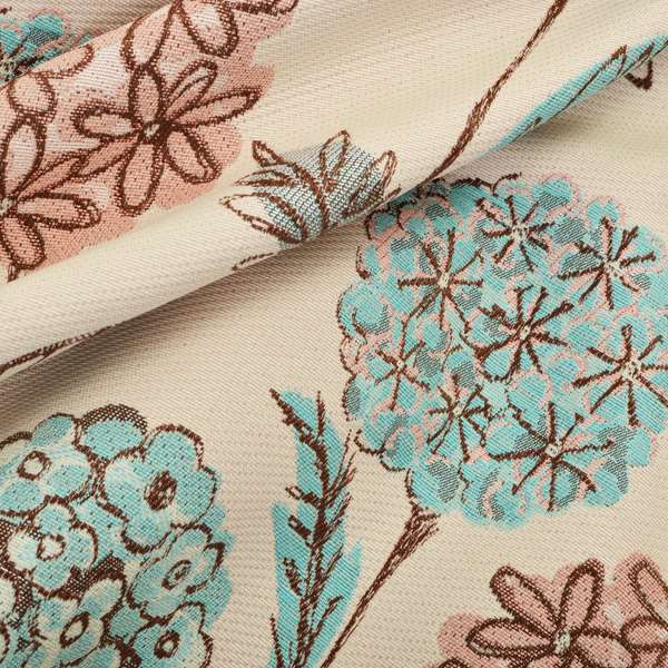 Teal Pink Natural Brown Colours Calico Floral Flower Pattern Chenille Upholstery Fabric JO-243 - Roman Blinds