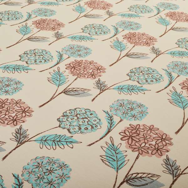 Teal Pink Natural Brown Colours Calico Floral Flower Pattern Chenille Upholstery Fabric JO-243 - Roman Blinds