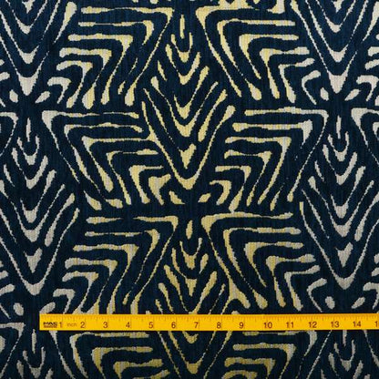 Hollywood Navy Blue Gold Shiny Geometric 3D Chequer Cube Design Soft Chenille Upholstery Fabric JO-248 - Roman Blinds