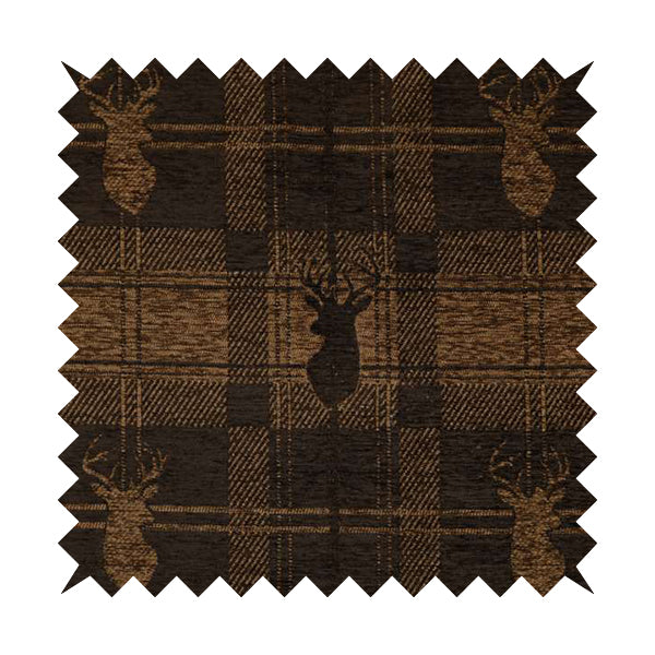 Highland Collection Luxury Soft Like Cotton Feel Stag Deer Head Animal Design On Checked Brown Chocolate Background Chenille Upholstery Fabric JO-25 - Roman Blinds