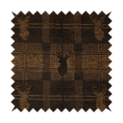 Highland Collection Luxury Soft Like Cotton Feel Stag Deer Head Animal Design On Checked Brown Chocolate Background Chenille Upholstery Fabric JO-25 - Handmade Cushions