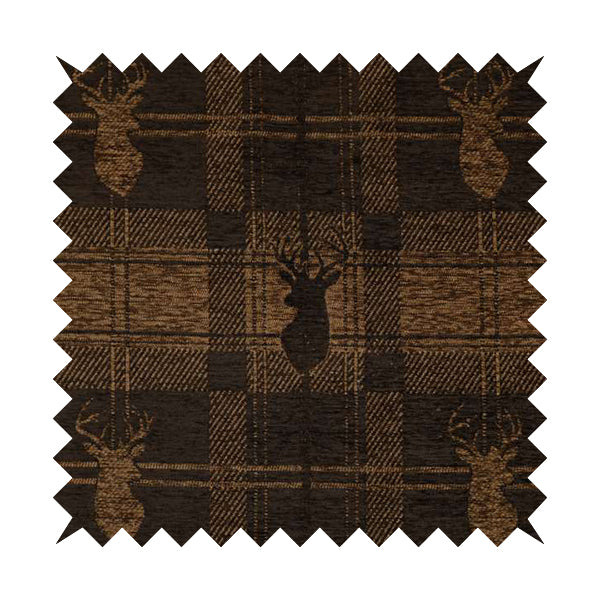 Highland Collection Luxury Soft Like Cotton Feel Stag Deer Head Animal Design On Checked Brown Chocolate Background Chenille Upholstery Fabric JO-25