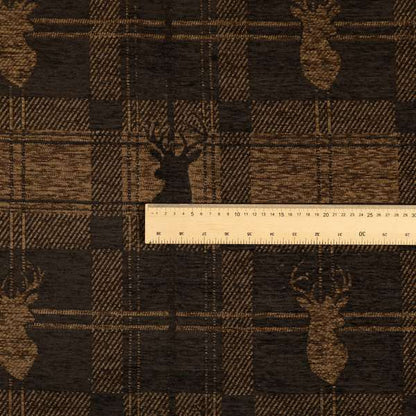 Highland Collection Luxury Soft Like Cotton Feel Stag Deer Head Animal Design On Checked Brown Chocolate Background Chenille Upholstery Fabric JO-25 - Roman Blinds
