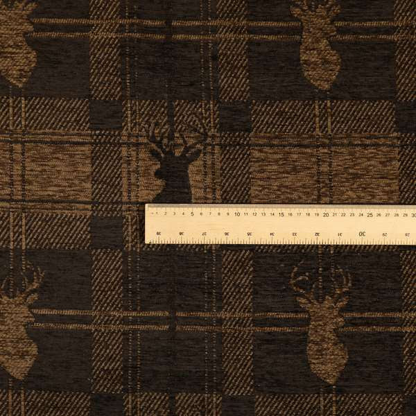 Highland Collection Luxury Soft Like Cotton Feel Stag Deer Head Animal Design On Checked Brown Chocolate Background Chenille Upholstery Fabric JO-25