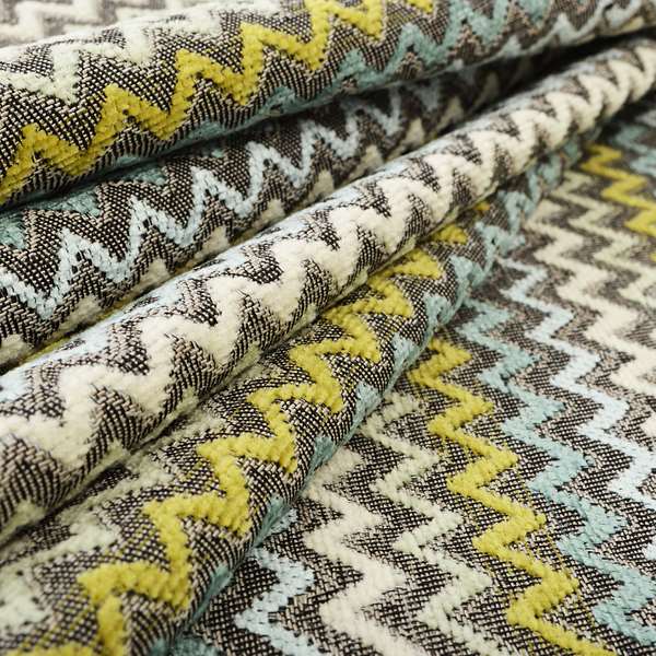 Multi Coloured Grey Green Blue White Chevron Striped Soft Chenille Upholstery Fabric JO-254