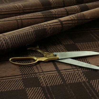 Highland Collection Luxury Soft Like Cotton Tartan Checked Design Chocolate Brown Colour Chenille Upholstery Fabric JO-262