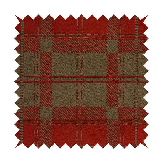 Highland Collection Luxury Soft Like Cotton Tartan Checked Design Red On Brown Colour Chenille Upholstery Fabric JO-263