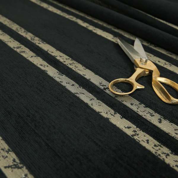 Vegas Railroad Striped Pattern In Black With Gold Soft Chenille Upholstery Fabric JO-28 - Roman Blinds