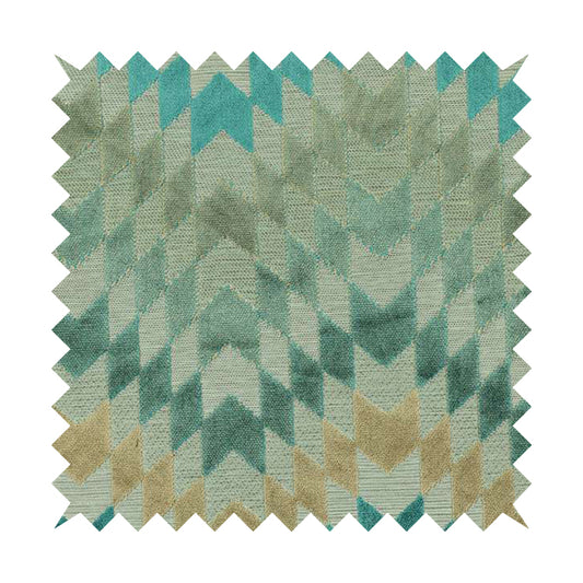Geometric Kilim Pattern Inspired Cut Velvet Material Teal Beige Coloured Upholstery Fabric JO-281