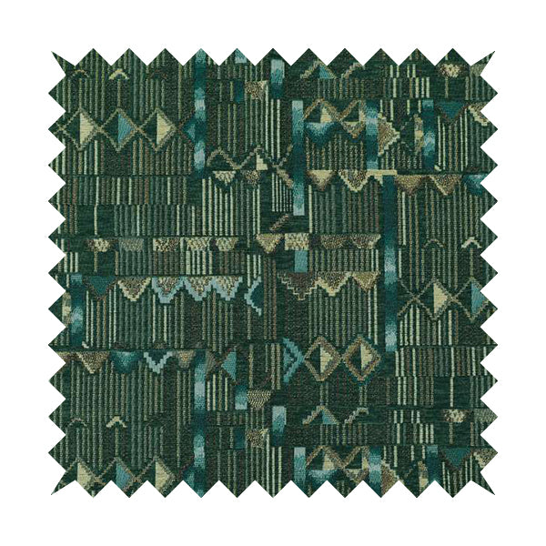 Tribal Theme Of Geometric Patterns Blue Green Gold Coloured Chenille Material Fabric JO-284 - Made To Measure Curtains