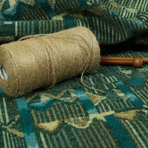 Tribal Theme Of Geometric Patterns Blue Green Gold Coloured Chenille Material Fabric JO-284 - Made To Measure Curtains