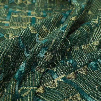 Tribal Theme Of Geometric Patterns Blue Green Gold Coloured Chenille Material Fabric JO-284