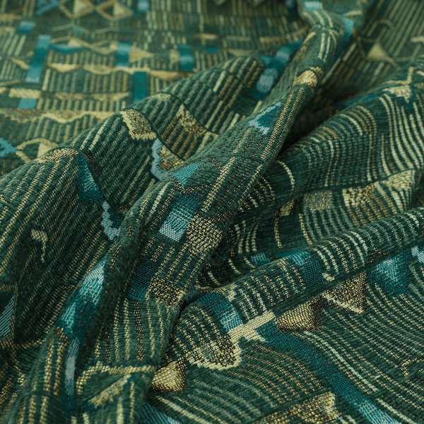 Tribal Theme Of Geometric Patterns Blue Green Gold Coloured Chenille Material Fabric JO-284 - Made To Measure Curtains