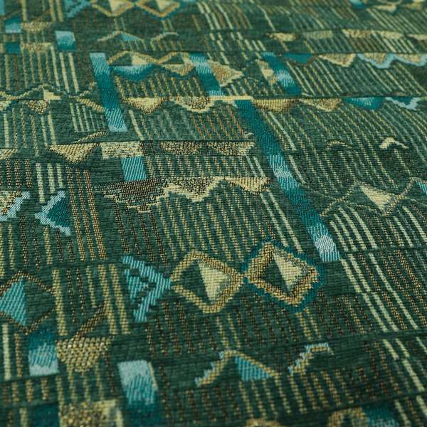 Tribal Theme Of Geometric Patterns Blue Green Gold Coloured Chenille Material Fabric JO-284