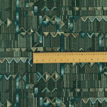 Tribal Theme Of Geometric Patterns Blue Green Gold Coloured Chenille Material Fabric JO-284