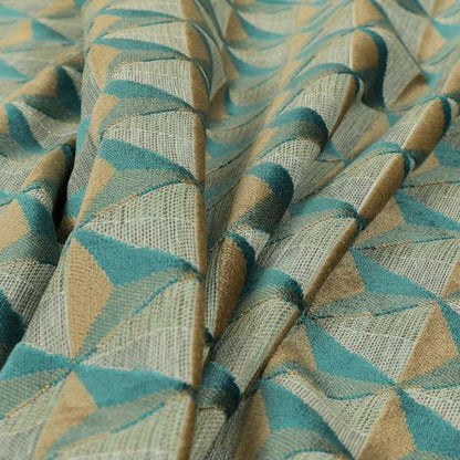 Geometric Pyramid Pattern Inspired Cut Velvet Material Teal Beige Coloured Upholstery Fabric JO-285 - Roman Blinds