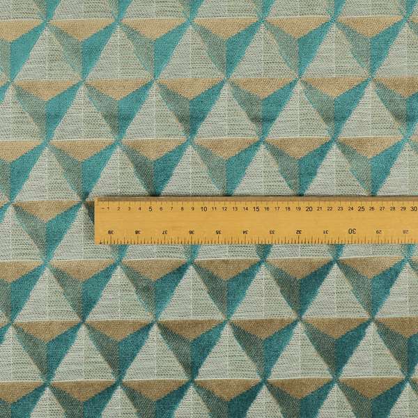 Geometric Pyramid Pattern Inspired Cut Velvet Material Teal Beige Coloured Upholstery Fabric JO-285 - Roman Blinds