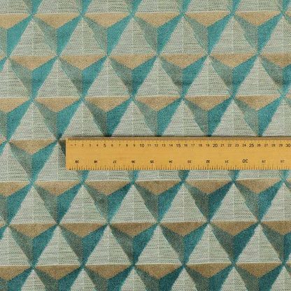 Geometric Pyramid Pattern Inspired Cut Velvet Material Teal Beige Coloured Upholstery Fabric JO-285 - Roman Blinds