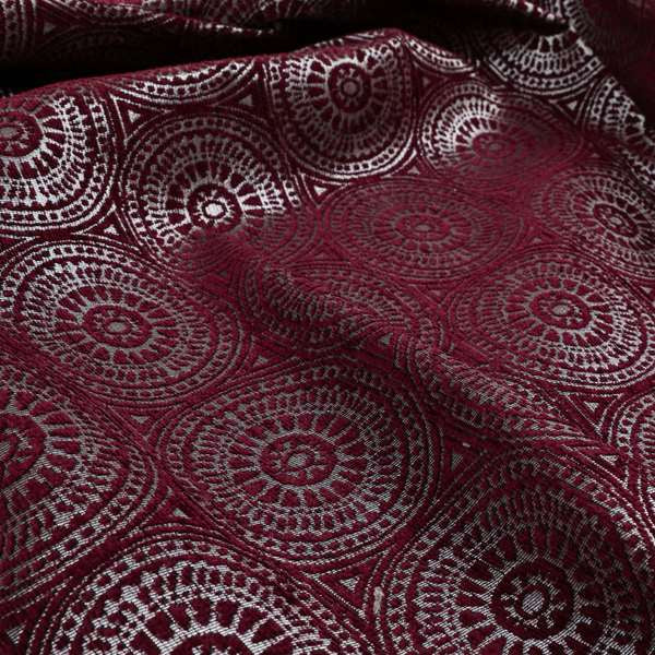 Azima Modern Planet Round Pattern Plum Burgundy Silver Shine Upholstery Fabric JO-312