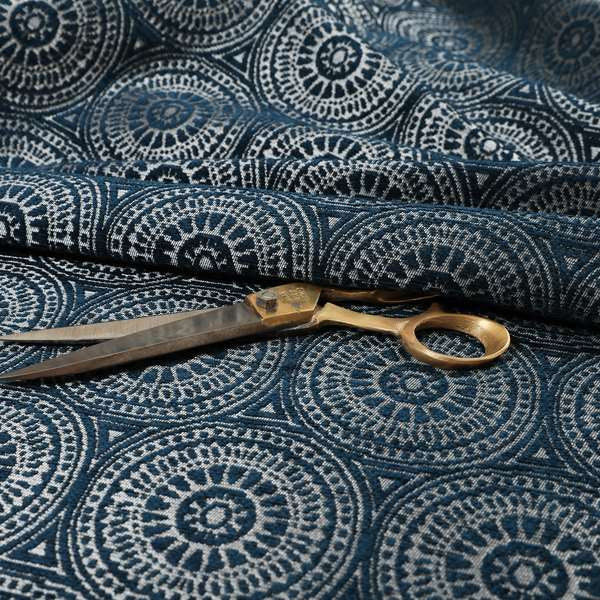 Azima Modern Planet Round Pattern Navy Blue Silver Shine Upholstery Fabric JO-313 - Roman Blinds