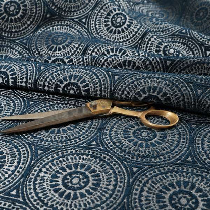 Azima Modern Planet Round Pattern Navy Blue Silver Shine Upholstery Fabric JO-313 - Made To Measure Curtains