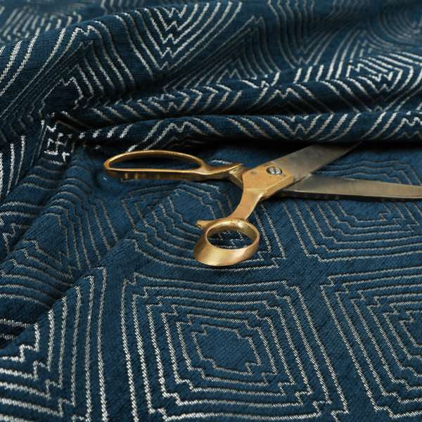 Azima Modern Sharp Geometric Pattern Navy Blue Silver Shine Upholstery Fabric JO-322