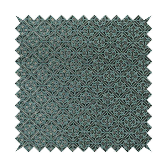 Azima Small Medallion Geometric Pattern Light Blue Silver Shine Upholstery Fabric JO-333