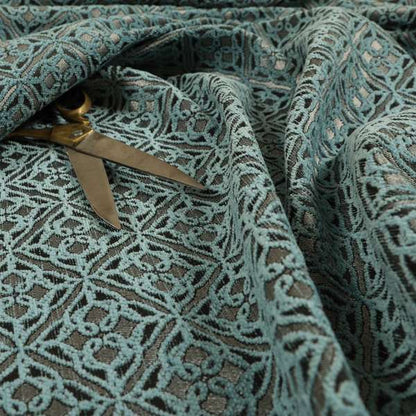 Azima Small Medallion Geometric Pattern Light Blue Silver Shine Upholstery Fabric JO-333