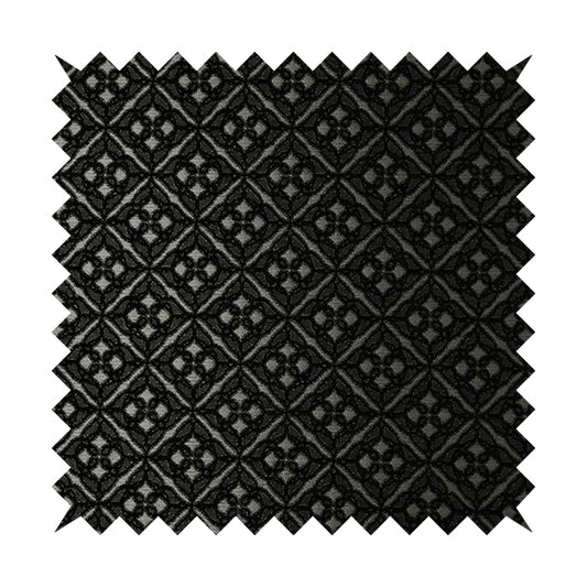 Azima Small Medallion Geometric Pattern Black Silver Shine Upholstery Fabric JO-334