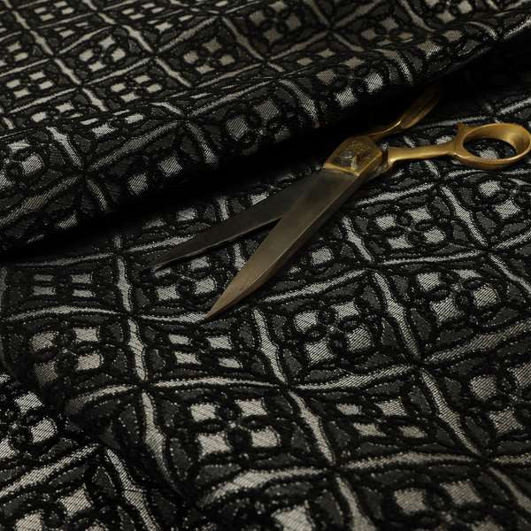 Azima Small Medallion Geometric Pattern Black Silver Shine Upholstery Fabric JO-334 - Roman Blinds