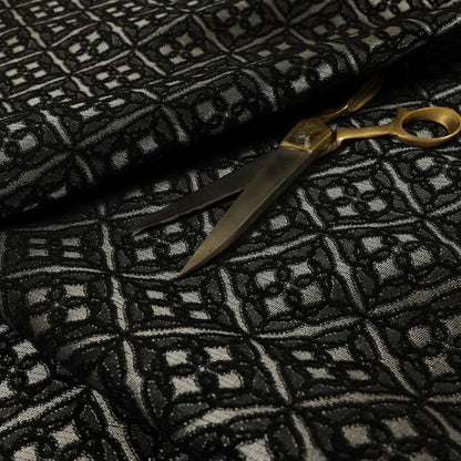 Azima Small Medallion Geometric Pattern Black Silver Shine Upholstery Fabric JO-334