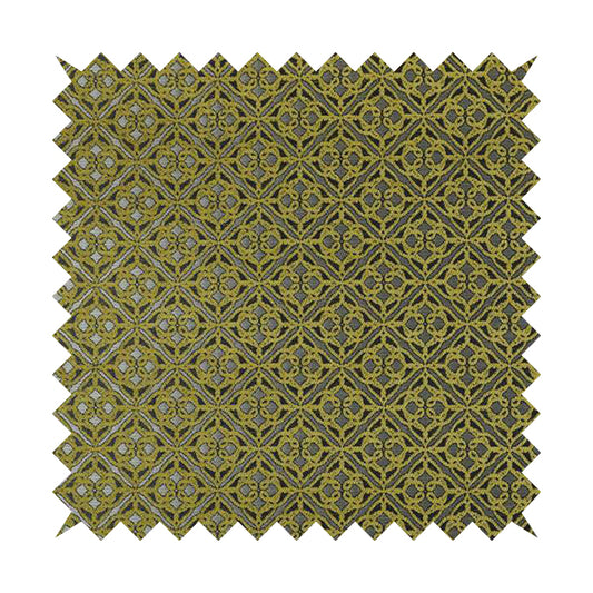 Azima Small Medallion Geometric Pattern Green Silver Shine Upholstery Fabric JO-335