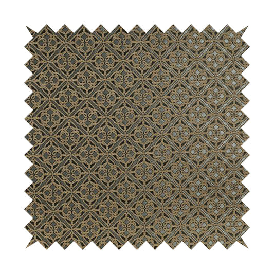 Azima Small Medallion Geometric Pattern Brown Silver Shine Upholstery Fabric JO-336