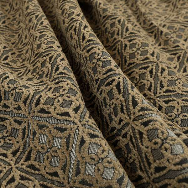 Azima Small Medallion Geometric Pattern Brown Silver Shine Upholstery Fabric JO-336 - Made To Measure Curtains