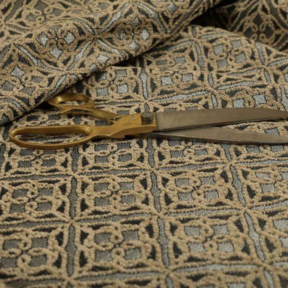 Azima Small Medallion Geometric Pattern Brown Silver Shine Upholstery Fabric JO-336