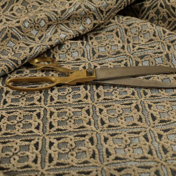 Azima Small Medallion Geometric Pattern Brown Silver Shine Upholstery Fabric JO-336 - Handmade Cushions