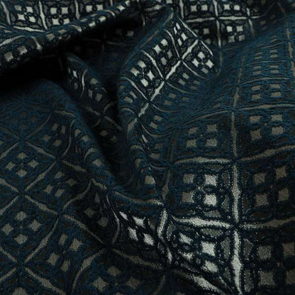 Azima Small Medallion Geometric Pattern Navy Blue Silver Shine Upholstery Fabric JO-337 - Roman Blinds