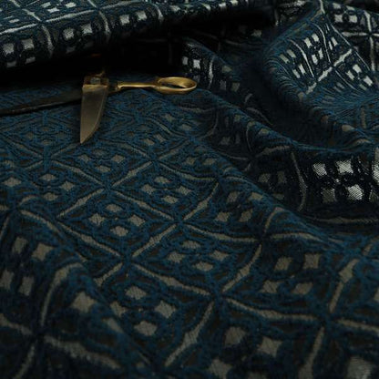 Azima Small Medallion Geometric Pattern Navy Blue Silver Shine Upholstery Fabric JO-337