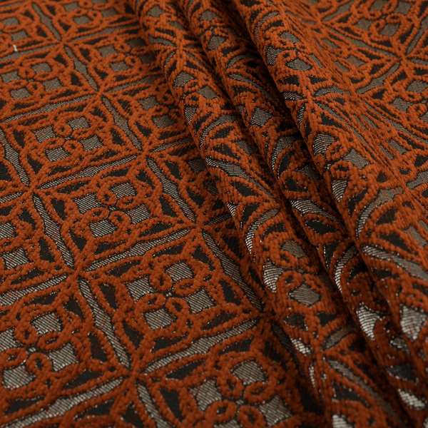 Azima Small Medallion Geometric Pattern Orange Silver Shine Upholstery Fabric JO-338 - Roman Blinds