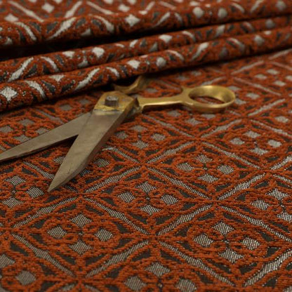 Azima Small Medallion Geometric Pattern Orange Silver Shine Upholstery Fabric JO-338